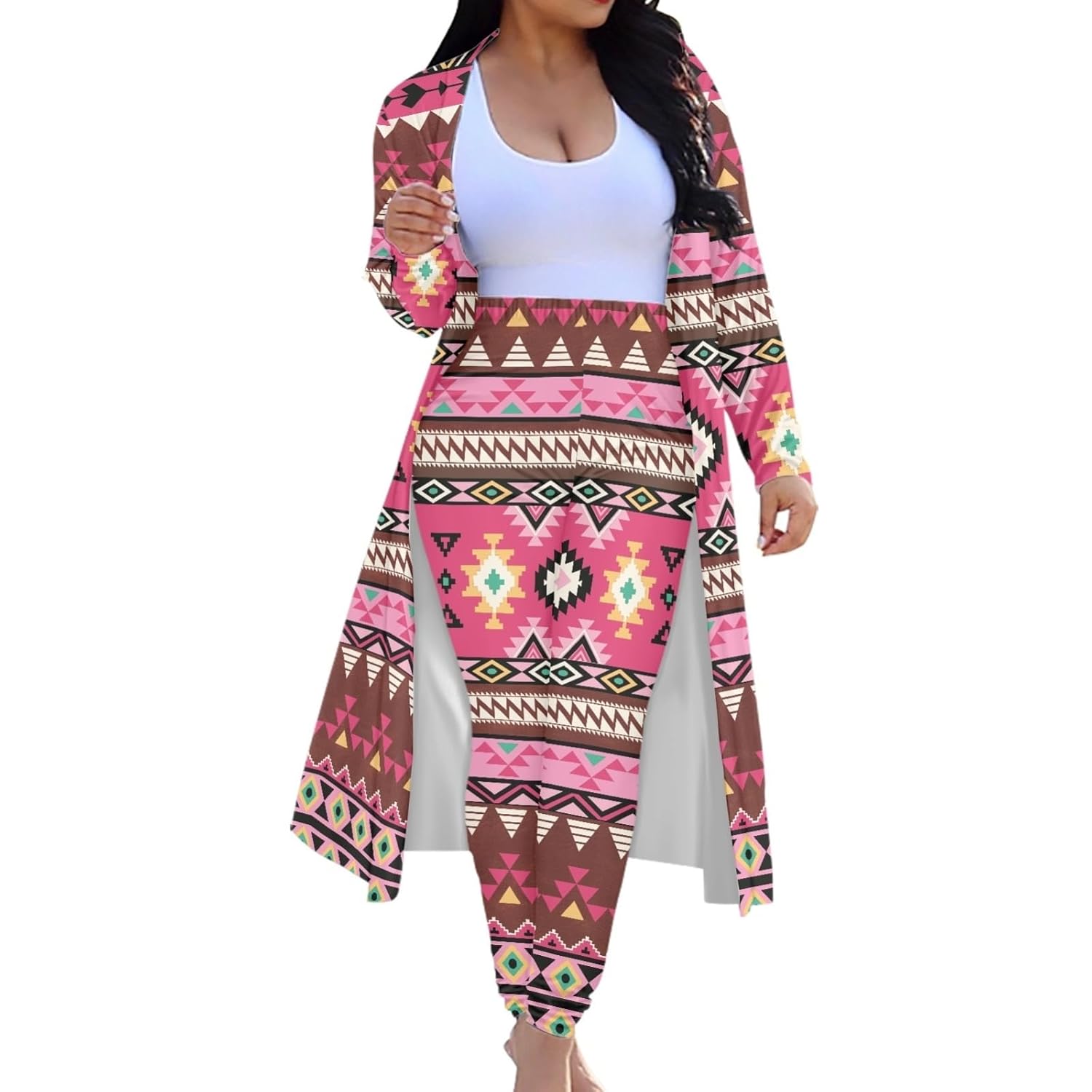 GLUDEAR Women 2 Piece Outfits Plus Size Indian African Pattern Maxi Cardigan Duster Pants Set