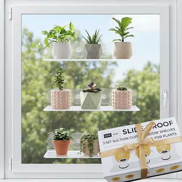 NovaMode - 3 pack Window Plant Floating Shelves, 12 inch Acrylic Suction Cup Shelf, Window Sill Extender for Indoor Succulent Plants, Micro Greens, Seed Starter Pots, Herb Planters for Window Gardens, Storage Organizer for Bathroom, Bedroom, Display - Clear