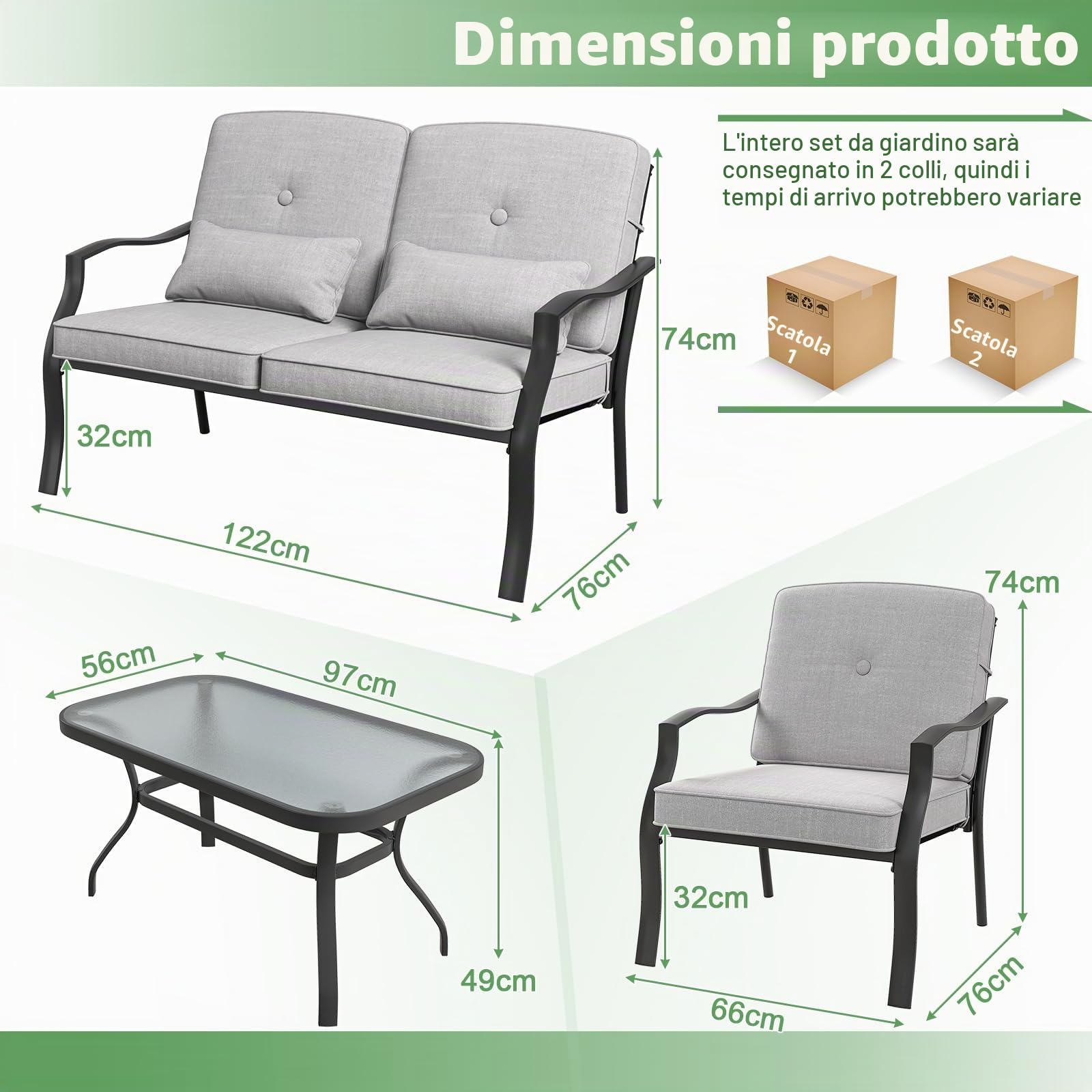 GIANTEX Set di 4 mobili da giardino con tavolino da salotto e panca da giardino e 2 sedie da pranzo, set da 4 persone, set da giardino con cuscino, mobili da giardino