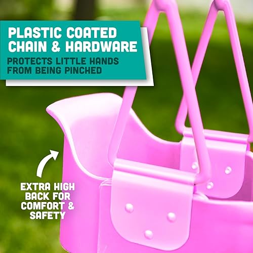 Miniatura 4 de Asiento de columpio para niños pequeños con respaldo alto y agarre para los dedos, cadenas recubiertas de plástico y mosquetones para una fácil Rosa