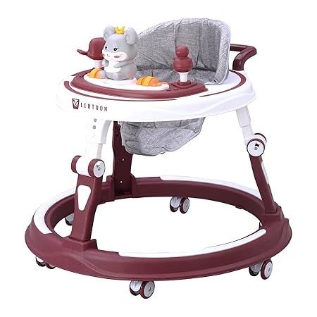 Leotoon Cordella Baby Walker | 4 Level Adjustable Height | 4 Level Adjustable Seat | Musical Tray | Unisex | LED Decorated | Foldable Design | 6 Mute Wheels | Switchable Food & Musical Tray | Cute Rabbit | Safe | BIS Certified | (Red) (6-24 Months)