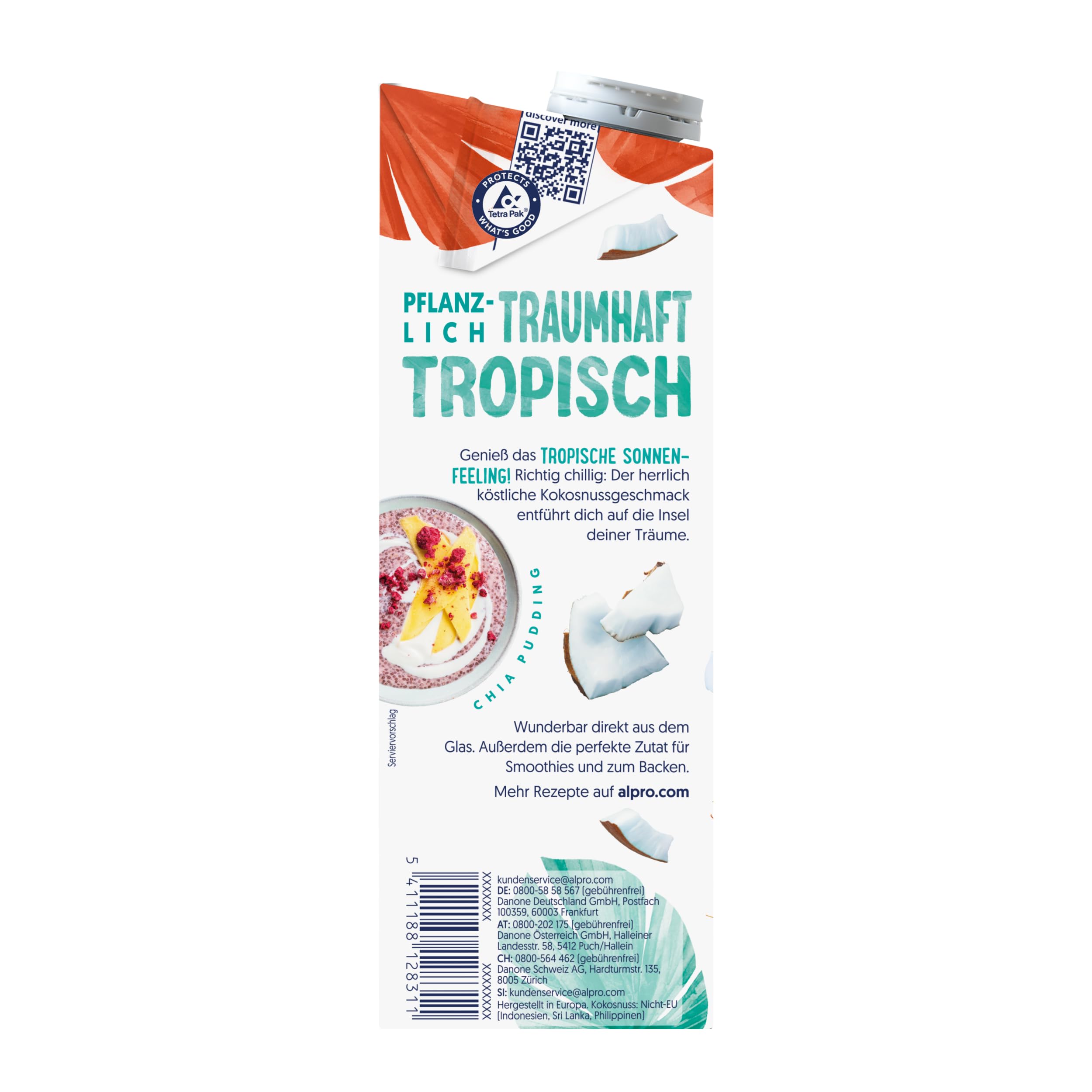 Alpro Kokosnussdrink ohne Zucker – Ohne Süßstoffe – Vegan und milchfrei – Von Natur aus laktosefrei und fettarm – Reich an Calcium und Vitaminen – 8 x 1 L