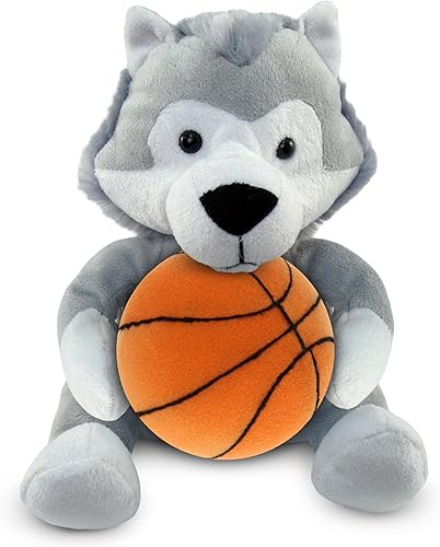DolliBu Animal de peluche de lobo con peluche de baloncesto, lobo suave y abrazable, adorable juguete de peluche de lobo para jugar, juguete de