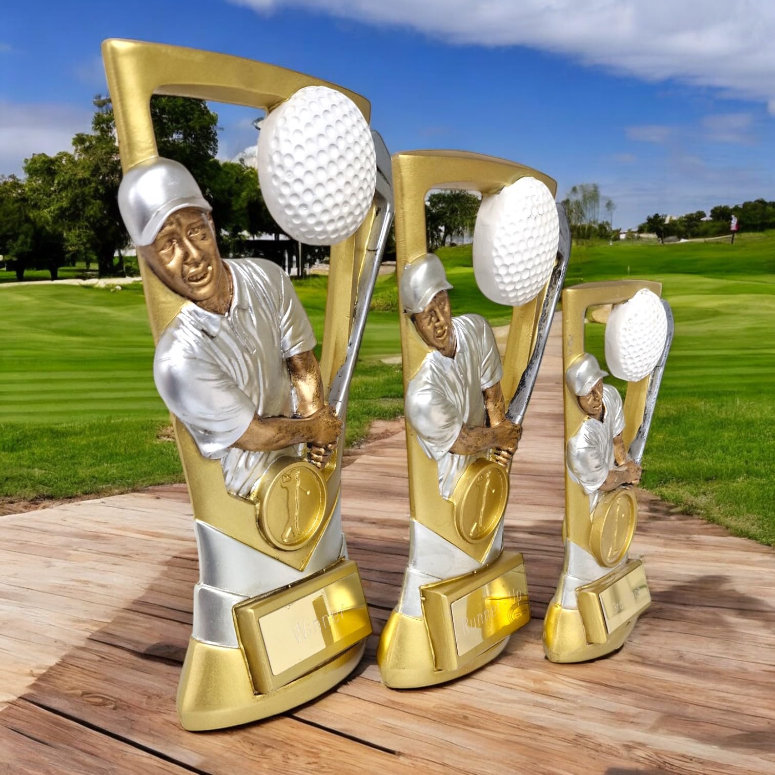 Trophy Monster Paquete completo de premios de golf de 3 piezas para el día del golf, platos grabados incluidos, hecho de resina, paquete a granel