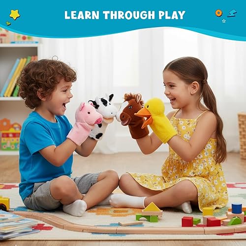 Miniatura 5 de Get Ready Kids Juego de marionetas de animales de granja, 4 marionetas grandes de 12 pulgadas para niños pequeños, incluye cerdo, pato, vaca y