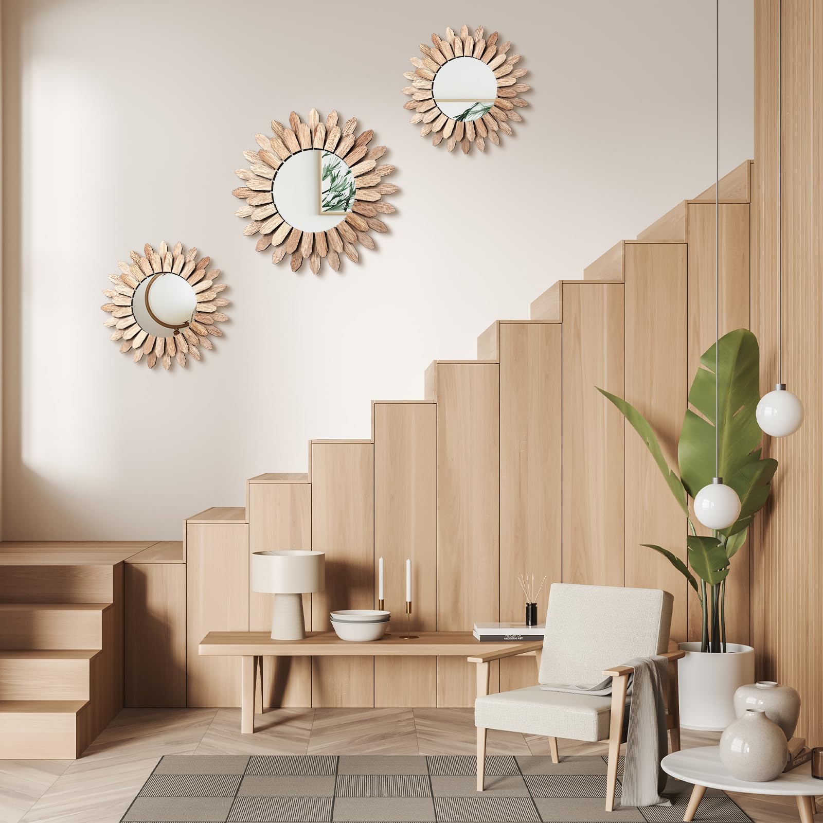Paquete De 3 Espejos De Metal Para Pared Con Rayos Solares, Decoración Del Hogar, Decoración Decorativa Para Colgar En La Pared Para Sala De Estar, Recámara, Entrada (negro, Flores