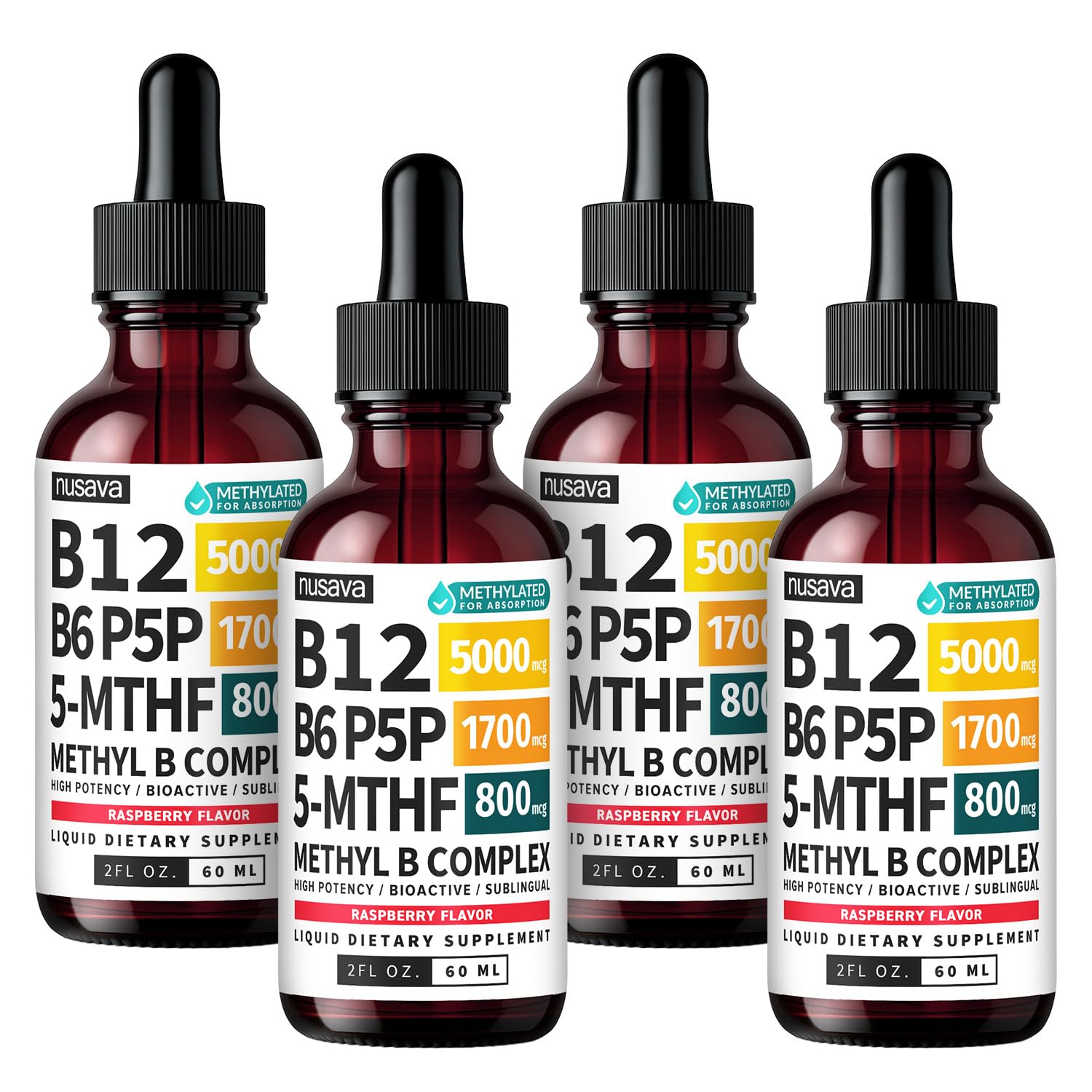 NUSAVA Suplemento de Vitamina B12 e Complexo B com metilfolato ativo, 5000 mcg, pacote com 4 frascos de 60 mL