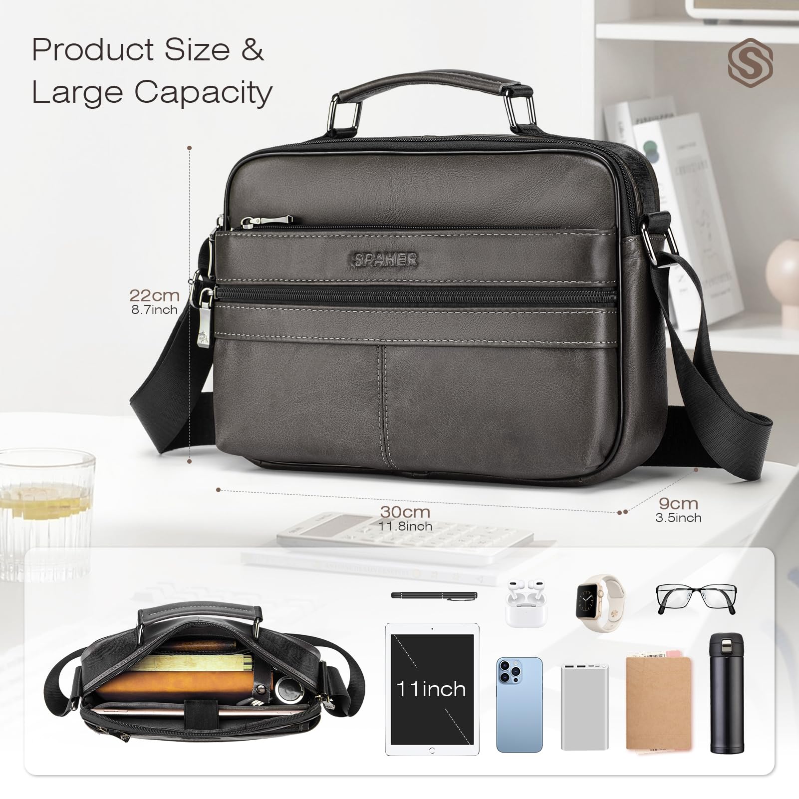 SPAHER Borsello Uomo Tracolla Pelle Grande Borsello per Ipad 11 Pollici Borsa Tracolla Impermeabile Borsetta Marsupio Uomo Multitasche per Quotidiano Lavoro Messenger Crossbody Sling Bag, Grigio