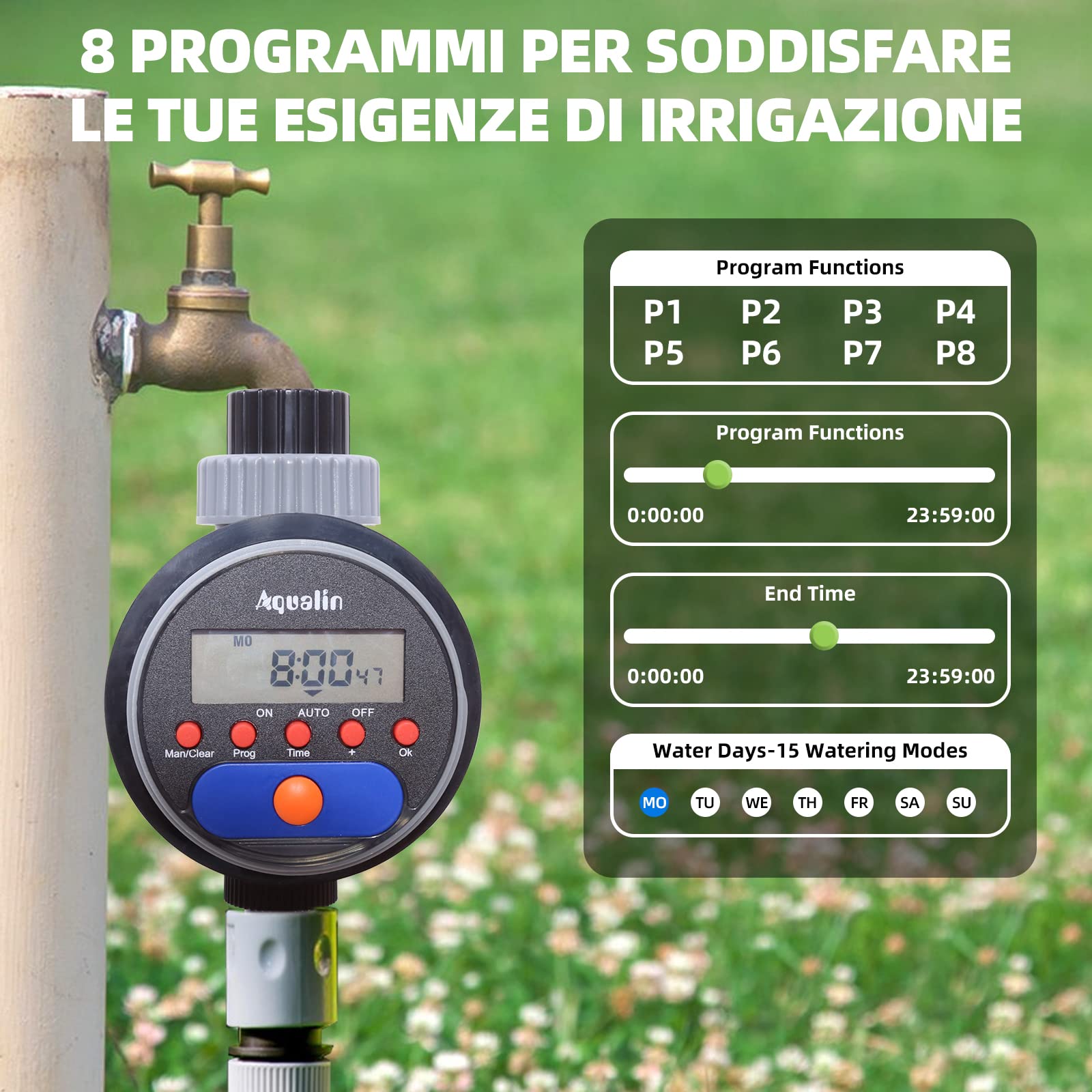Aqualin Orologio per irrigazione con valvola a Sfera, Computer di irrigazione Automatico, aggiornamento per Computer dell'Acqua, Timer, Sistema di irrigazione per Giardino Cortile (con Display)