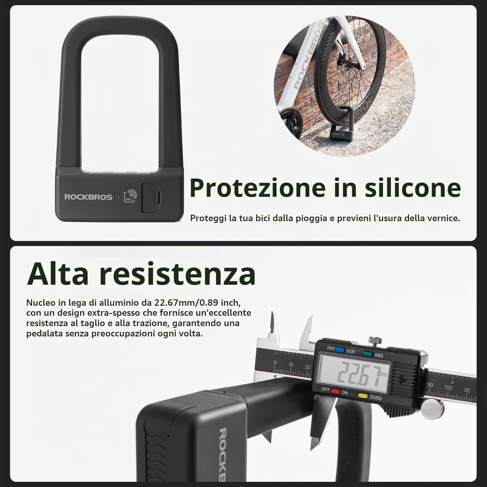 ROCKBROS Lucchetto a U per Bicicletta con NFC, Lucchetto di Sicurezza per Bici Ricaricabile e Antifurto, U-lock per MTB, Bici Pieghevole, Scooter, Monopattini Elettrico