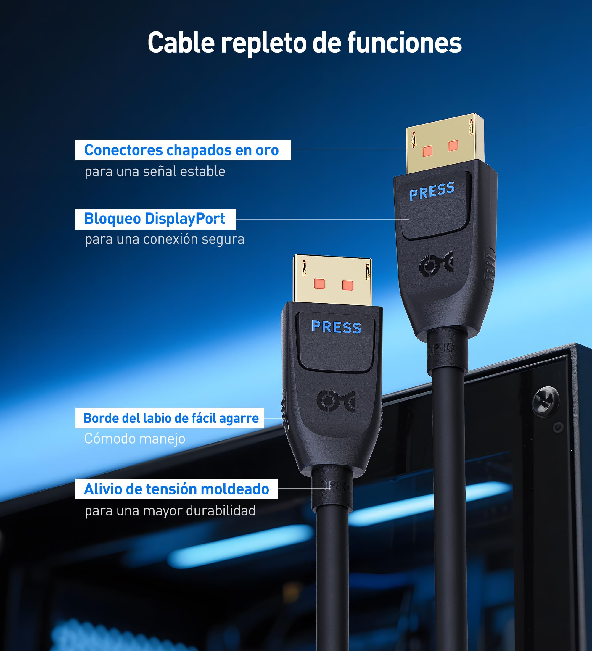 Cable Matters [certificación VESA] cable DisplayPort 2.1 80 Gbps de 1 m, cable DP80 con 16K 60 Hz, 8K 240 Hz, 4K 240 Hz en negro con FreeSync, G-SYNC y HDR para monitor, PC, RTX 4080/4090, RX 7900