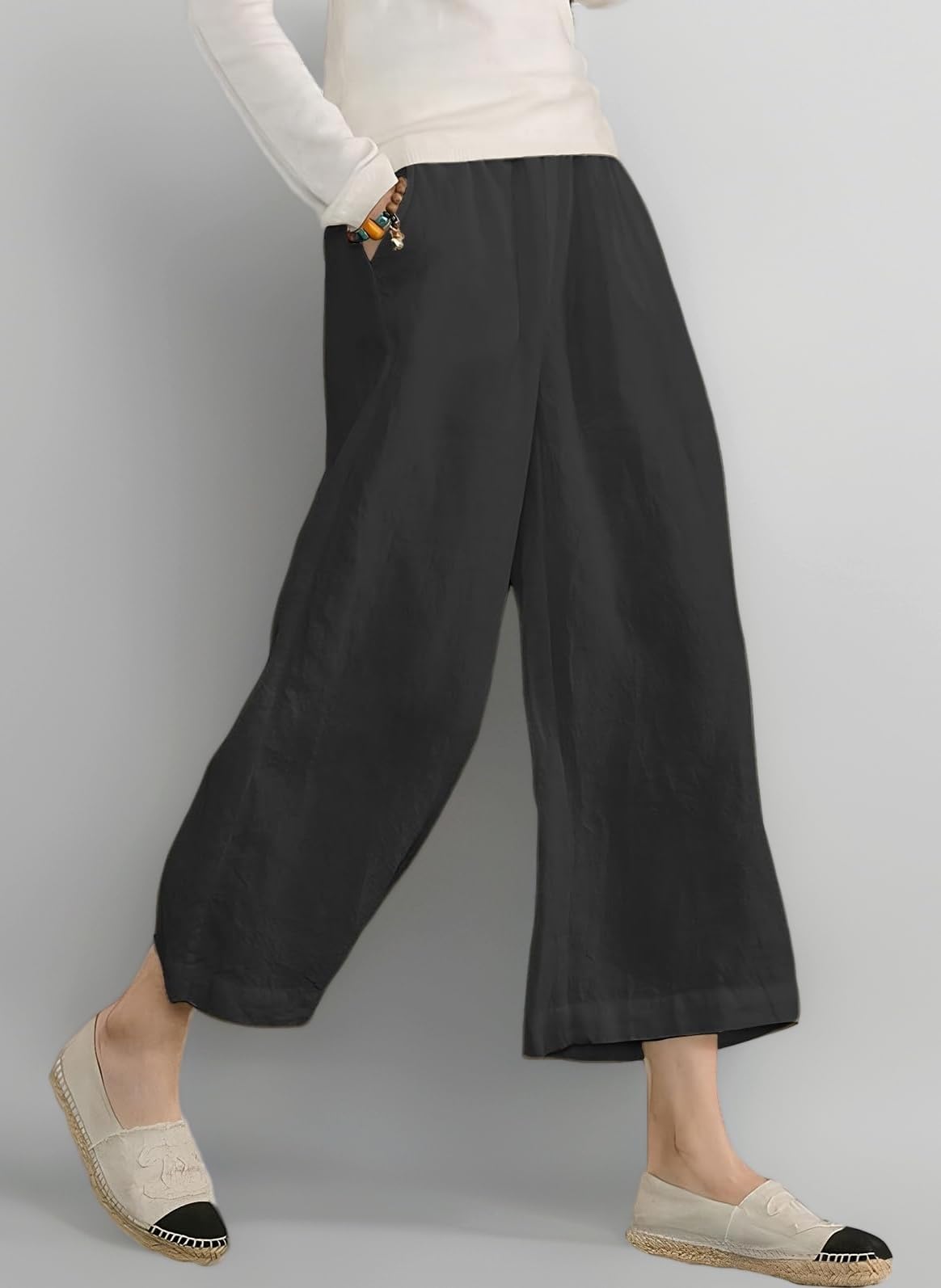 Womens Plus Size Capri Pants Elastic Waist Cotton Relaxed Loose Casual Cropped Trousers
