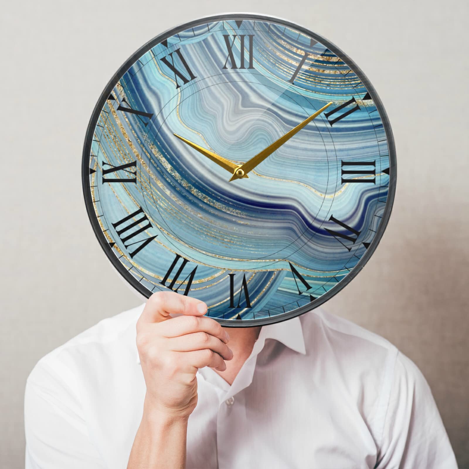 Blue Agate Marble Round Wall Clock Non Decorative Decorative Clock Art for Bedroom Living Room Kitchen School