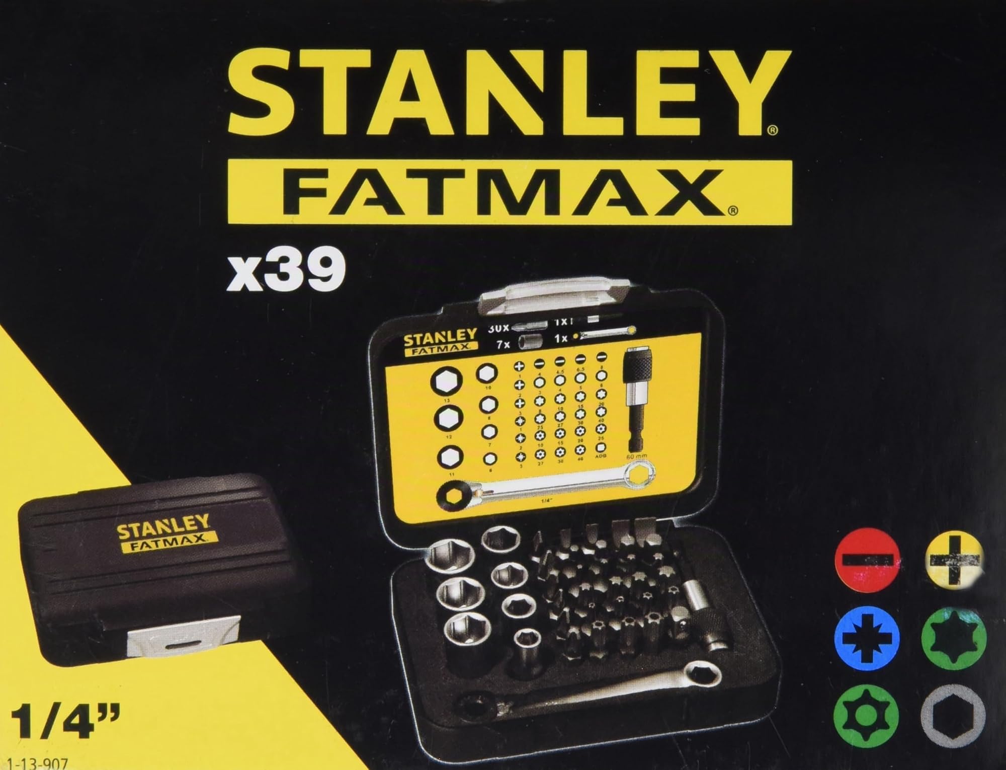 STANLEY Coffret d'Embouts de Vissage 1/4" 25 mm avec Mini Clé à Cliquet - Jeu de 39 Pièces Gamme Pro 1-13-907