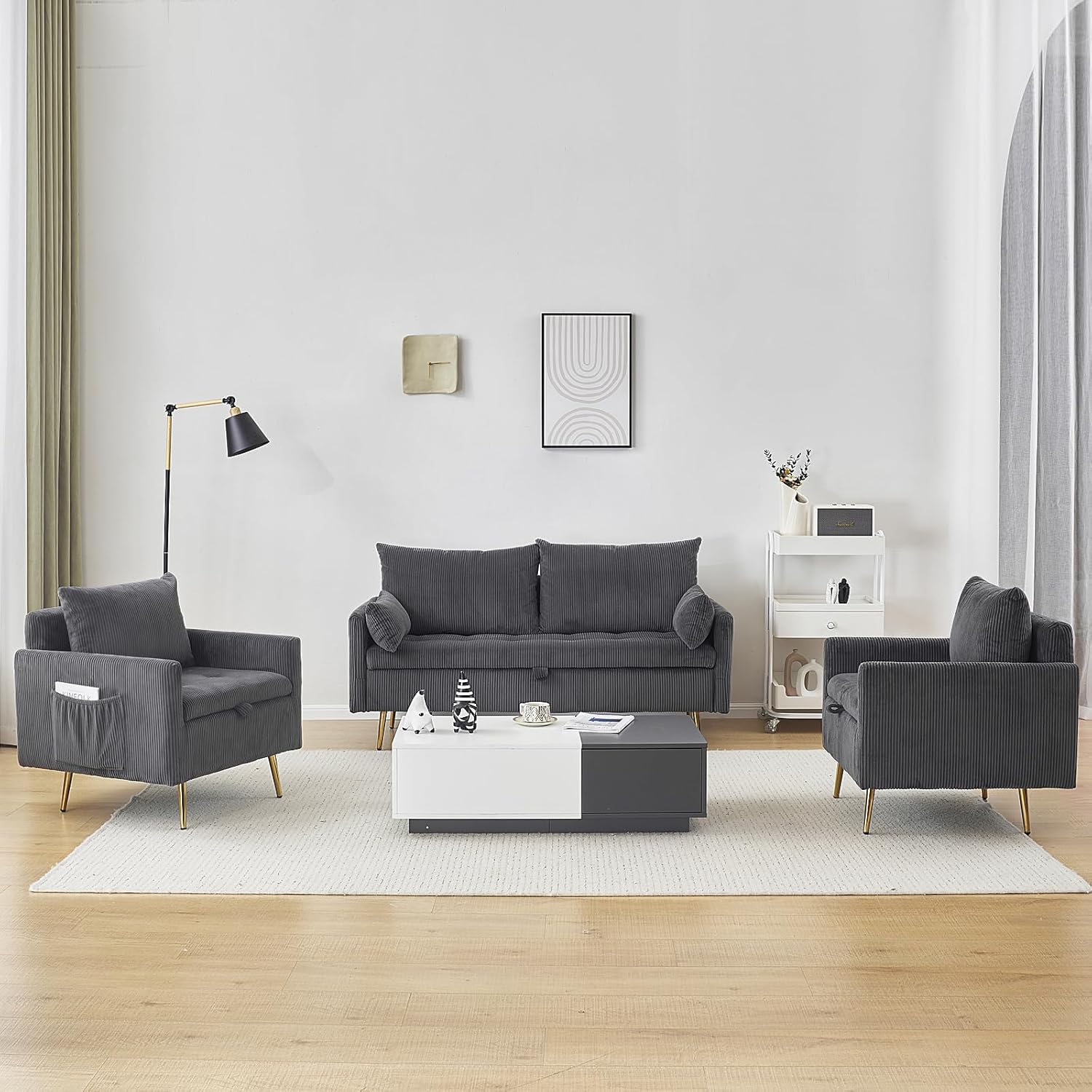Furnimart 3-Piece Storage Sofa and Couch Set, Corduroy Loveseat with 2pc Accent Single Chairs, Small Living Room Furniture Set for Apartment, Tiny Homes and Lofts, 3PC-Gray