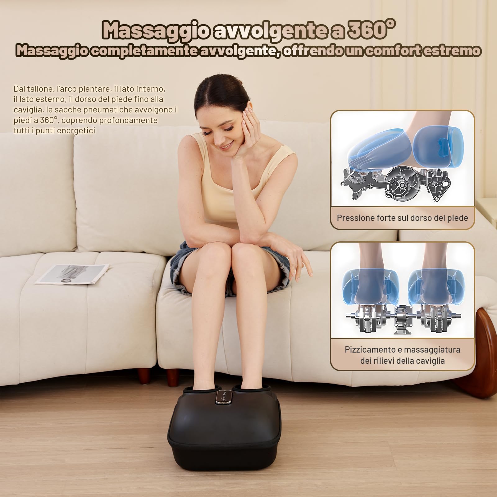 Massaggiatore piedi Shiatsu BeSokar con telecomando, funzione di massaggio impastamento 6D, rulli e compressione pneumatica, 3 livelli di intensità per muscoli e piante dei piedi stanche, terapia