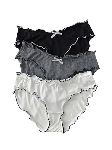 SHENHE Women's 3 Pack Frill Trim Briefs Soft Breathable Daily Bow Underwear Panties - X-Large - Black White Grey