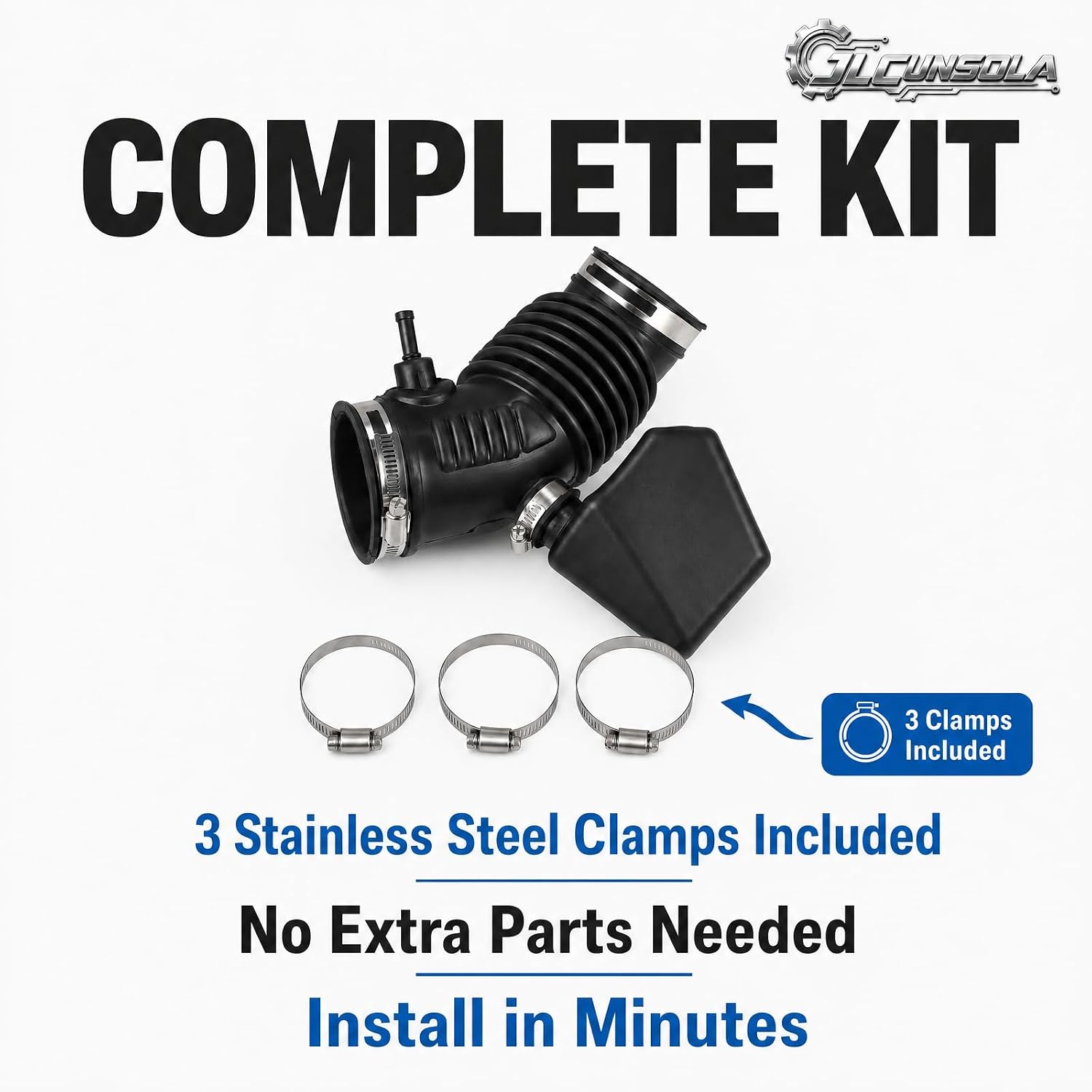 Air Intake Hose Replacement with 3 Stainless Clamps for 2007-2012 Hyundai Elantra 2.0L, Engine Tube Replaces 28130-2H100 & 281302H100, High Temp Rubber Duct Boot Assembly System