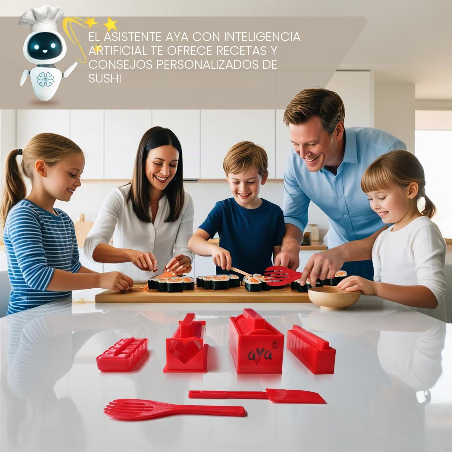 Aya Sushi Maker 3 - Asistente de IA - Recetas - 25 Piezas - Utensilios Para Hacer Sushi - Tutoriales En Vídeo - Kit Con Cuchillo De Sushi y Estera de bambú - Fácil Y Divertida - Maki Nigiri