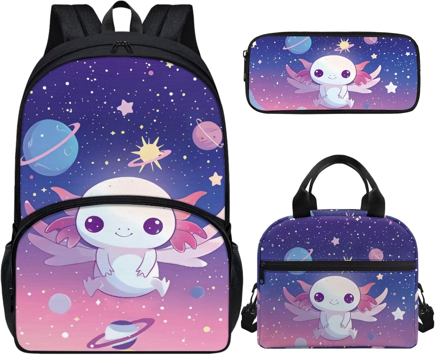 Tuoxiukan Axolotl Backpack for School Little Girls Backpack with Lunch Box Pencil Case 3 In 1 Planet Print Bookbag and Lunchbag Pencil Pouch Zip School Bags Insulated Lunchbox Multi-fuction Pencil Bag