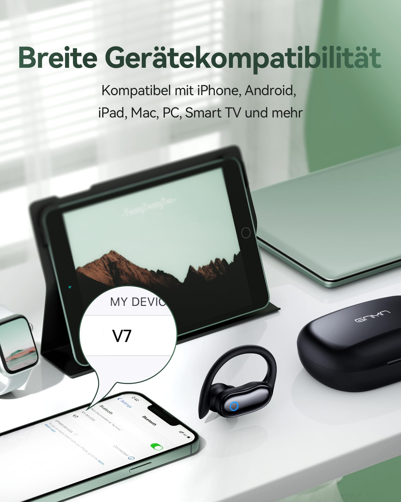Sport Kopfhörer Bluetooth mit Ohrbügel, ANC Noise Cancelling & Transparenzmodus, 96H Laufzeit, IPX7 Wasserbeständig, ENC Mikrofon, In-Ear Kopfhörer mit sicherem Halt für Laufen, Fitness & Pendeln