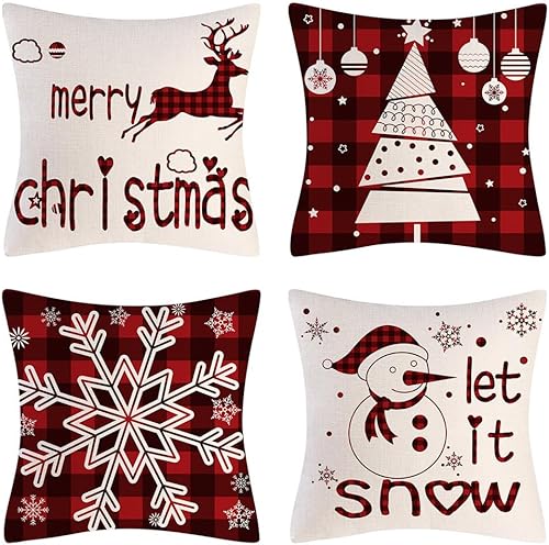 Miniatura 7 de Juego de 4 fundas de almohada decorativas de Navidad de 18 x 18 pulgadas, funda de cojín de la serie navideña, funda de almohada cuadrada con