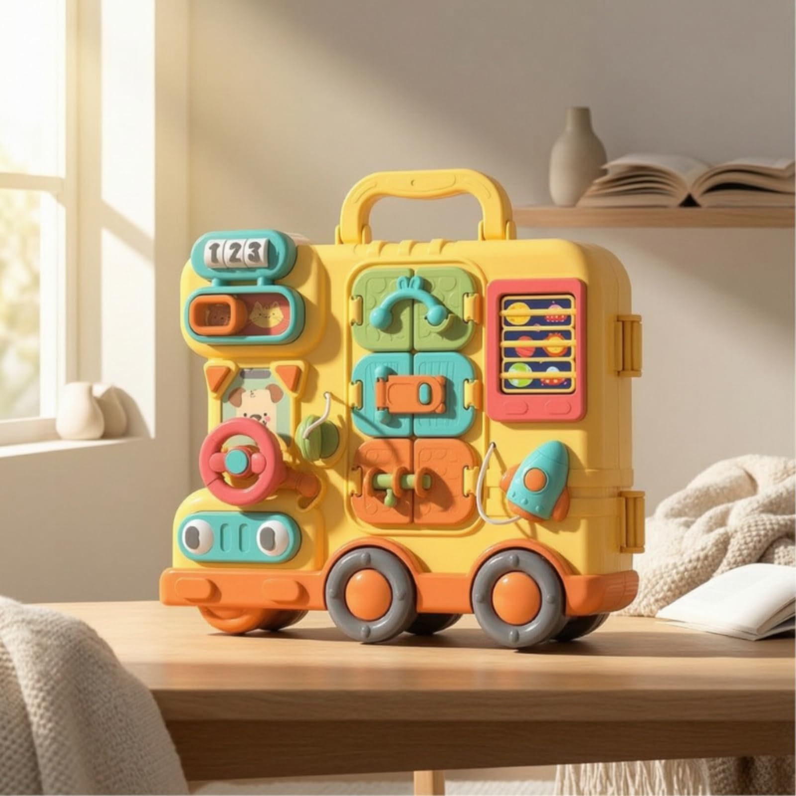 Lernbrett Kinder Busy Board Lernspielzeug Motorikbrett Aktivitätsbrett mit Zahlen Türen Telefon Lenkrad Uhr Vielfältige Aktivitäten für Vorschule, Wiederaufladbare Version