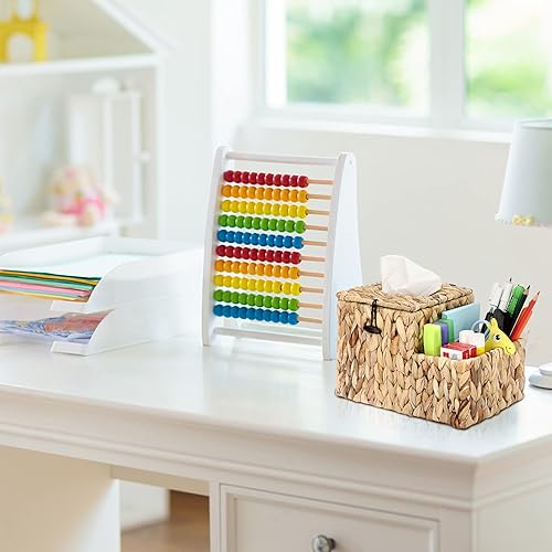 Miniatura 5 de Sumnacon Cubierta cuadrada para caja de pañuelos, cubo decorativo de mimbre con organizador lateral, soporte de pañuelos de jacinto de agua rústico