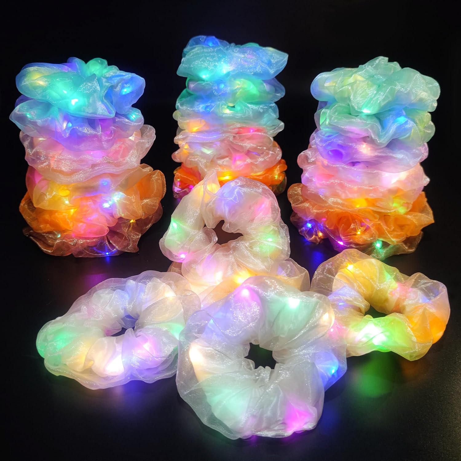 Light Up Scrunchies, 27PCS-Multi-color Double-layer LED Scrunchy Christmas Hair Ties Glow in the Dark Party Supplies Glow Sticks Party Favor Festival Rave Accessories for Neon Party