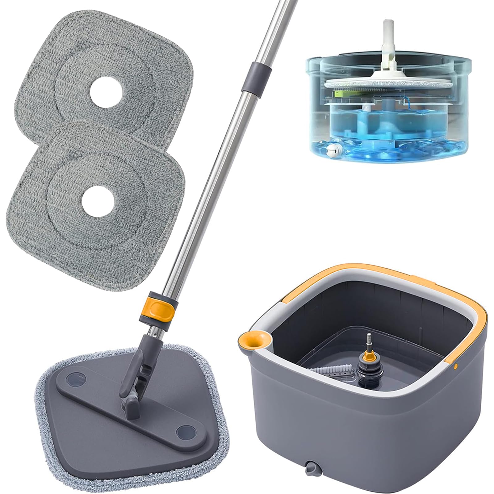 Uniface Spin Mop and Bucket Set, Large Flat Floor Mop with Self Wringer and Bucket System, Cleaning Mop Tools with 2 Reusable Microfiber Pads for Home