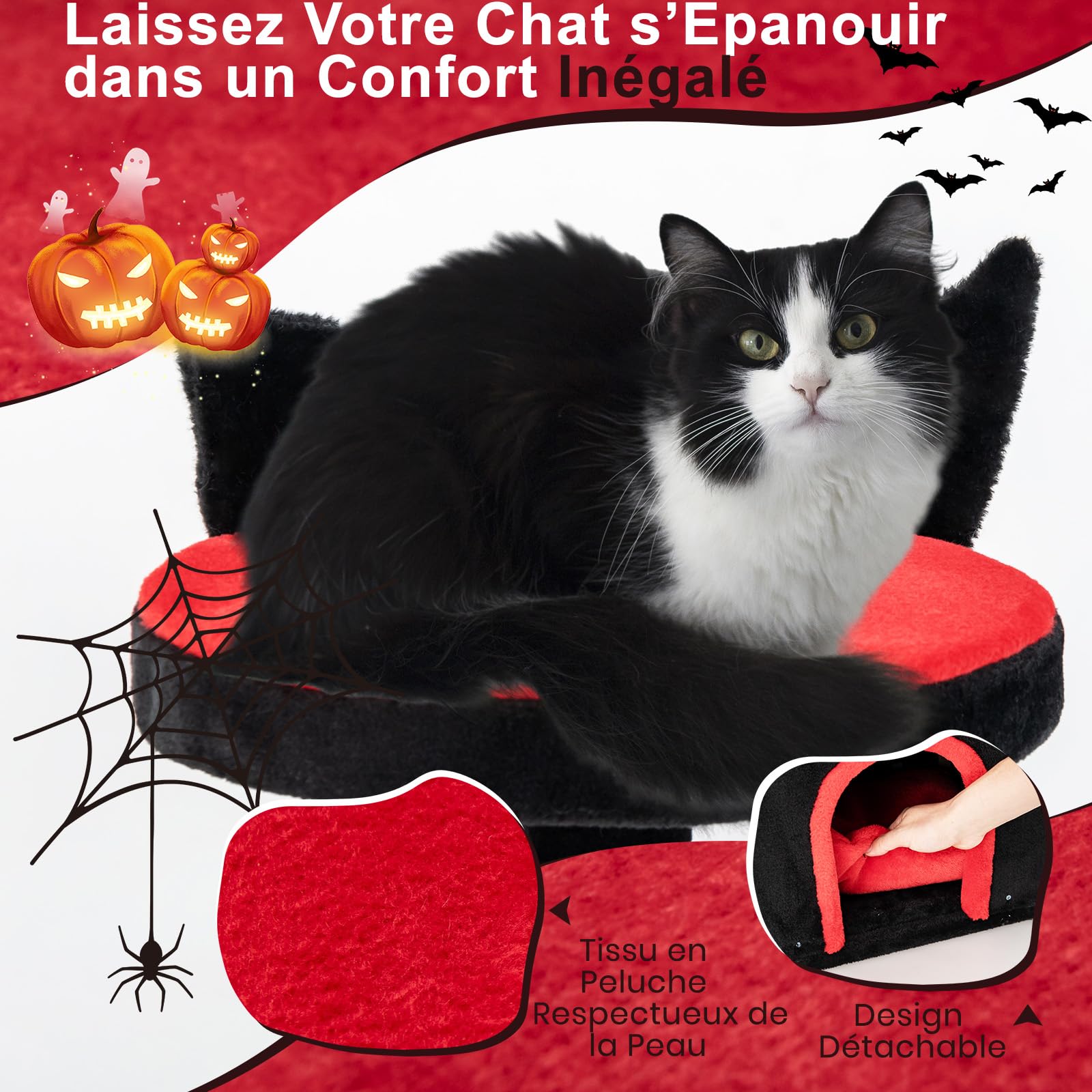 GOPLUS Arbre a Chat Style Gothique, Hauteur 133 CM, Arbre a Chat XXL à 6 Niveaux avec Poteaux à Gratter Sisal, Perchoir, Hamac, Niche Forme Coffin avec Coussin Amovible, Jouet Suspendu, Rouge et Noir