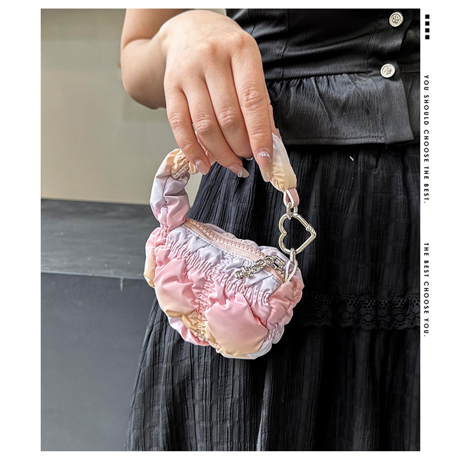 Super Mini Quilted Bag Puffer Wristlet Clutch Purse Nylon Padded Women's Handbags Evening Bag Charm Lipstick bag (Pink)