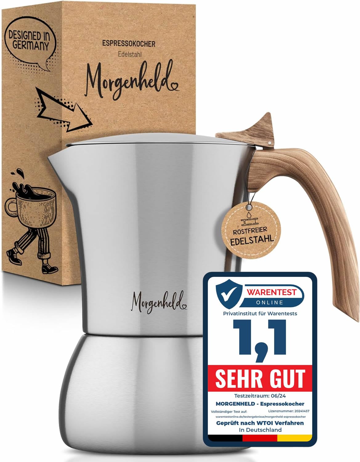 Morgenheld Kawiarka 300 ml, stal – dzbanek do espresso i mokki, 6 filiżanek