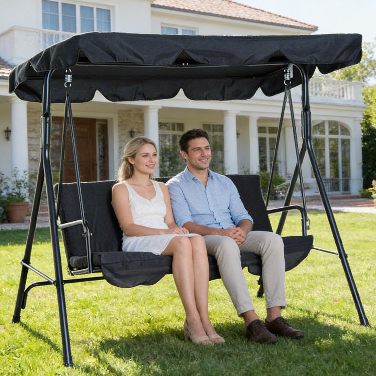 Toile de Balancelle de Jardin Extérieur, Toit de Rechange pour Balancelle 3 Places Imperméable Anti-UV, Multi-Tailles avec Bord Ondulé pour Terrasse Balcon 2/3Places(Black,249cm185cm20cm)