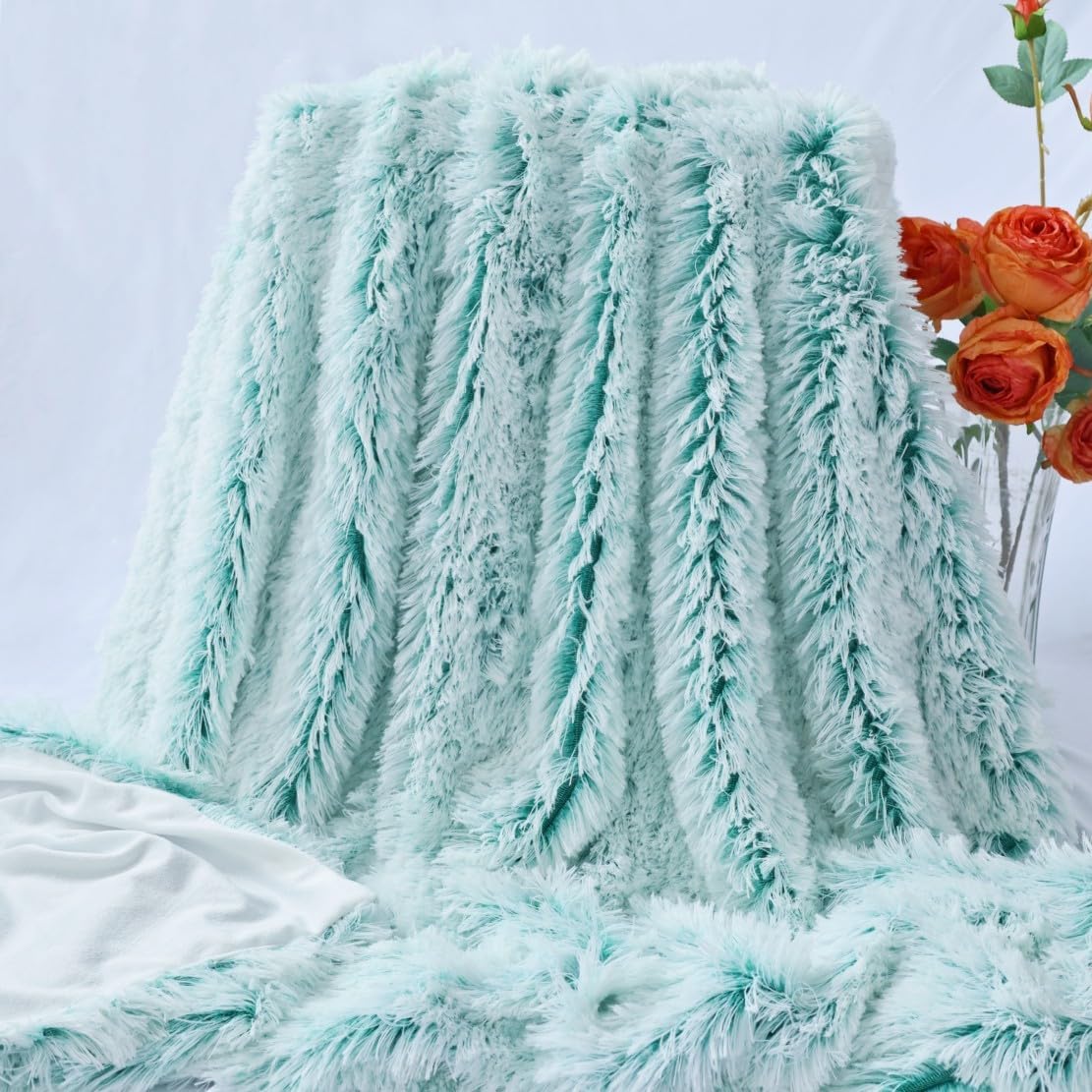 Plush Super Soft Blanket Bedding Sofa Cover Furry Fuzzy Fur Warm Throw Qulit Cozy Couch Blanket for Winter (51"x63",Green and White) - Image 2