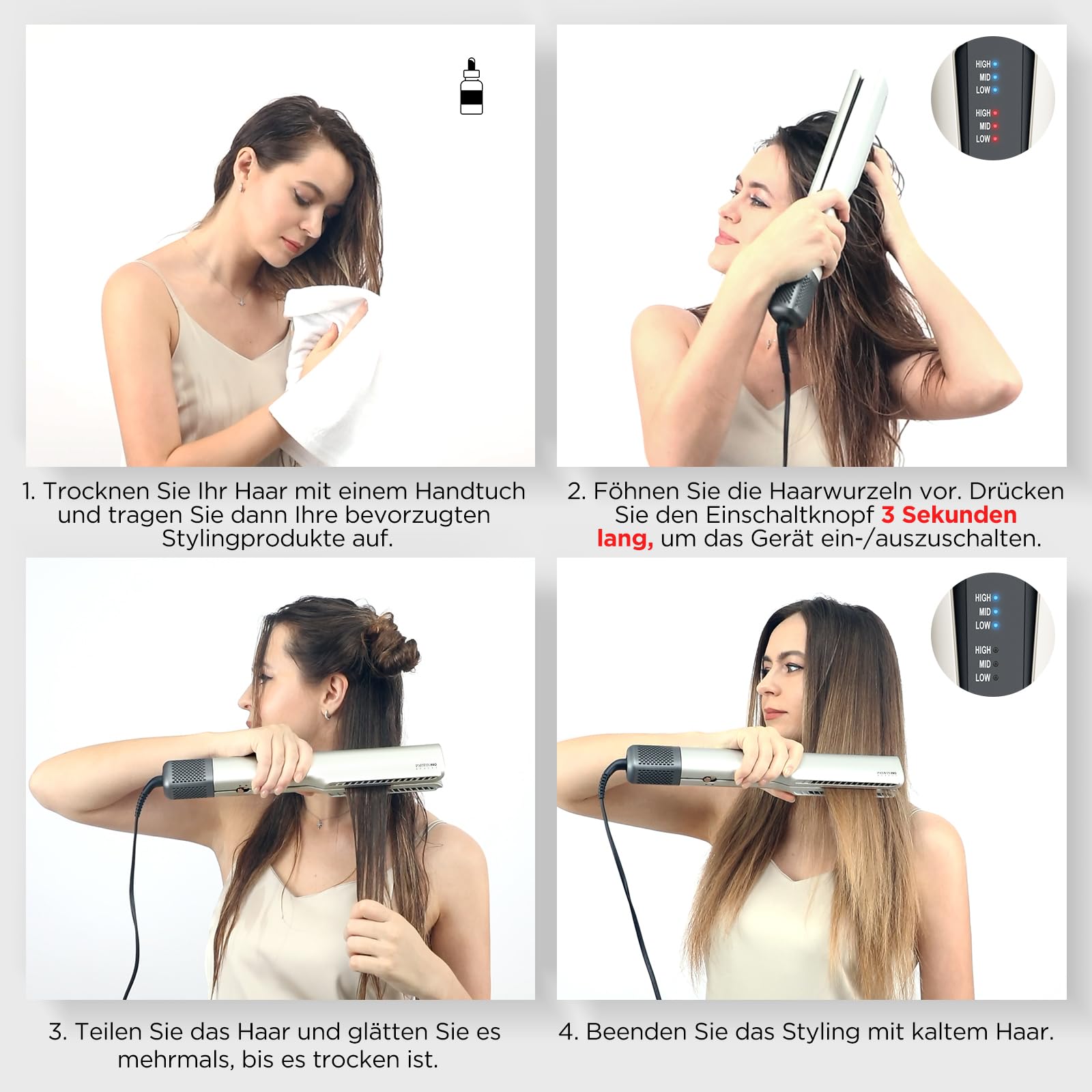 Plancha de aire, plancha de aire iónico PARWIN PRO BEAUTY, mojado en seco, sin placas calefactoras, sin daños térmicos, alisador de aire, para cabello largo y cabello largo (35-75cm)