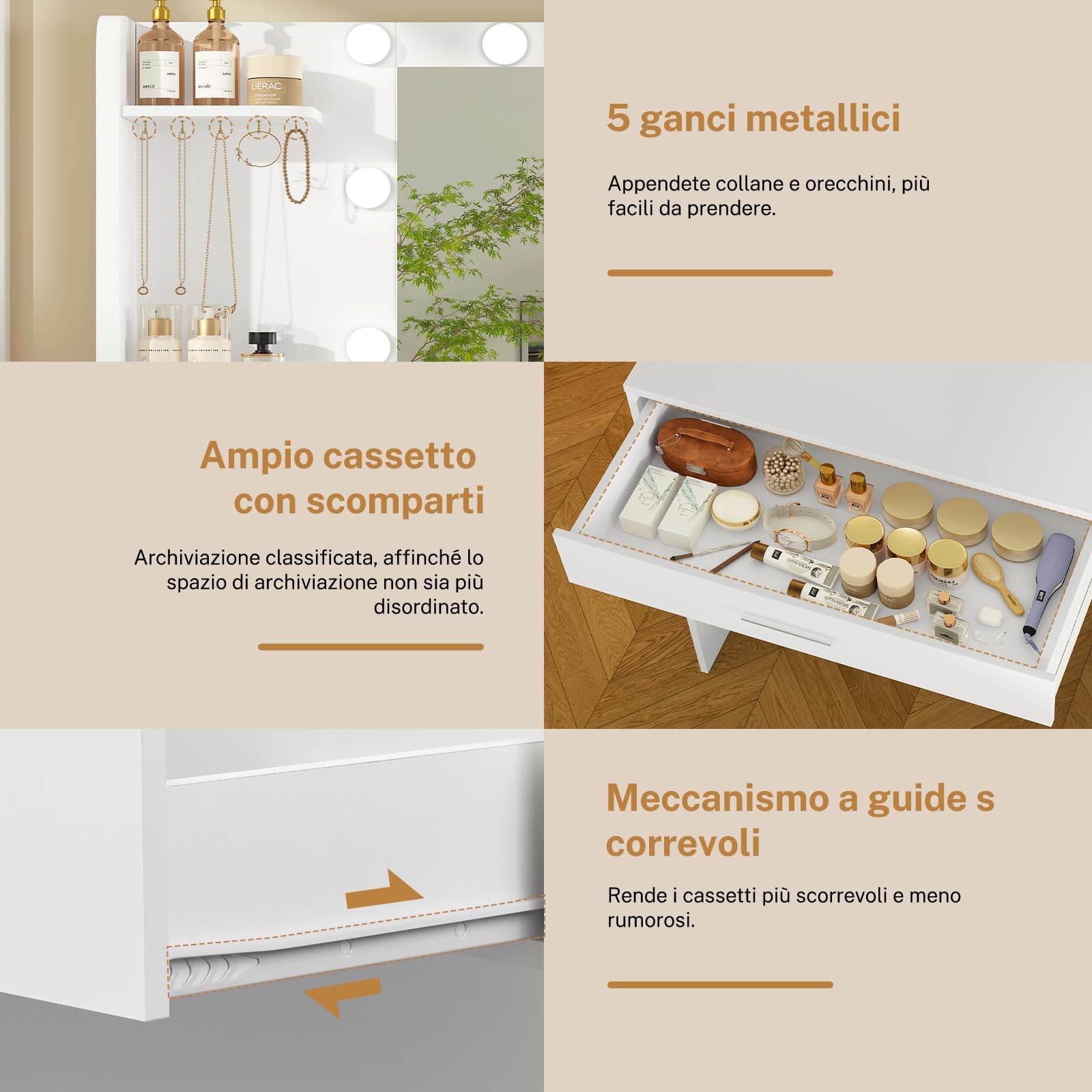TEENFON Toeletta Trucco con Specchio, 3 con Luminosità Regolabile, Postazione Trucco con 4 Ripiani Apert, Bianco,Presa, 4 Cassetti, 5 Ganci per Gioielli