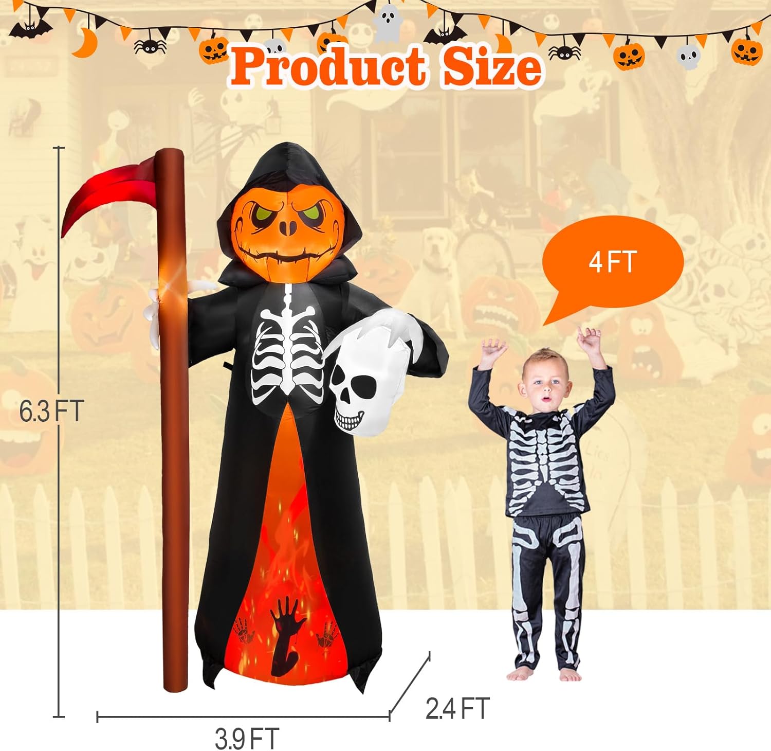 6FT Halloween Inflatable Reaper Holding Sickle and Skull Decoration, Blow up Halloween Ghost Inflatable Built-in 5 LED and 1 Red Fire Flashing LED for Halloween Inflatables Outdoor Decoration