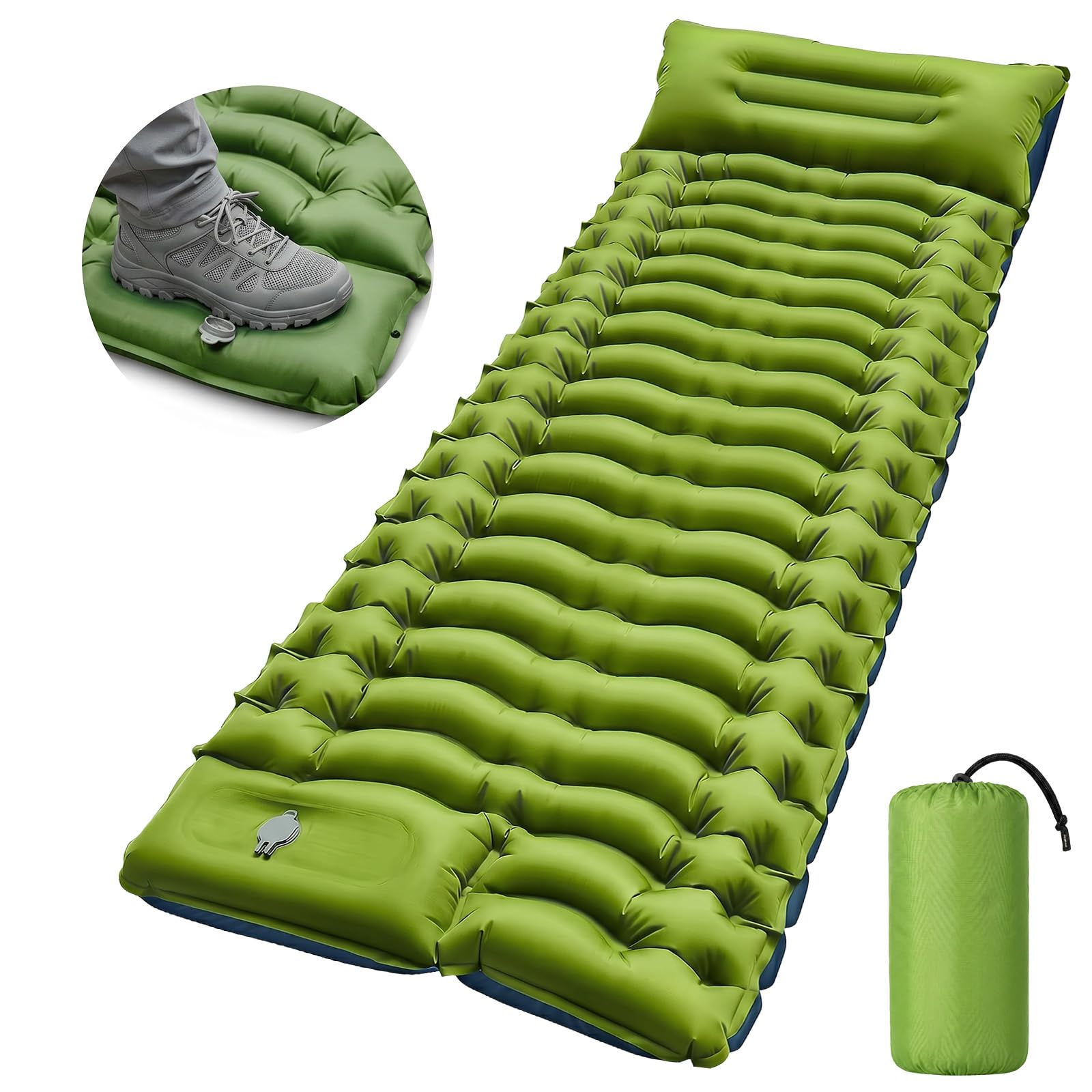 Isomatte Camping, 10CM Aufblasbare Matratze Kompakte, Ultraleicht Camping Luftmatratze mit Kissen & Fußpumpe, Outdoor Campingmatte, Anti-Ripstop Schlafmatte für Wandern, Strand, Reise, Zelt