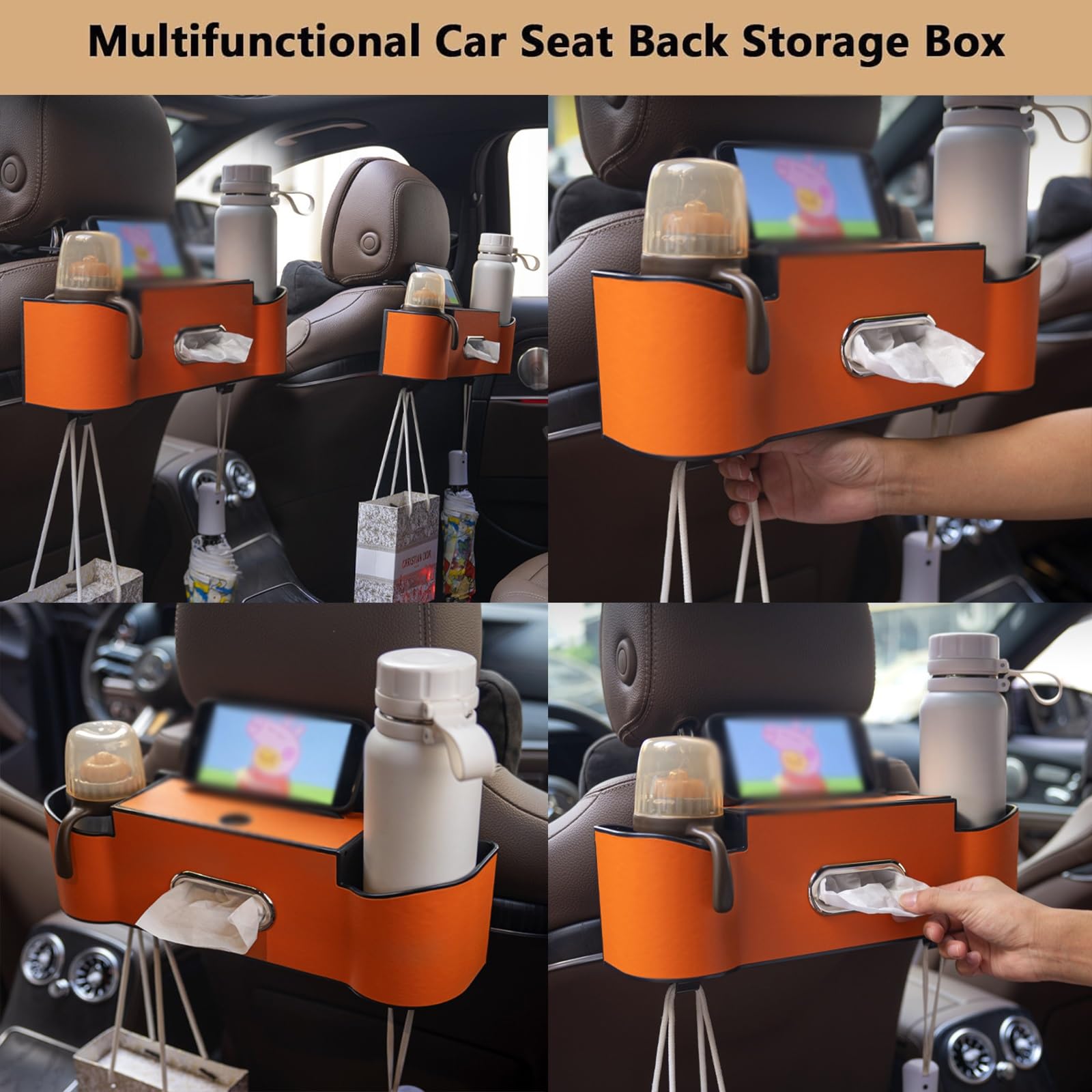 Scatola portaoggetti for schienale sedile, scatola porta fazzoletti portaoggetti 5 in 1 for seggiolino auto,nuovo organizer universale multifunzionale 2025 con 2 portabicchieri,scatola(Beige)