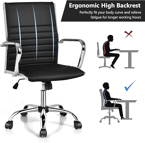 Miniatura 9 de COSTWAY Silla ejecutiva acanalada de piel sintética con respaldo alto y respaldo alto, respaldo mecedor, soporte lumbar, silla ergonómica de