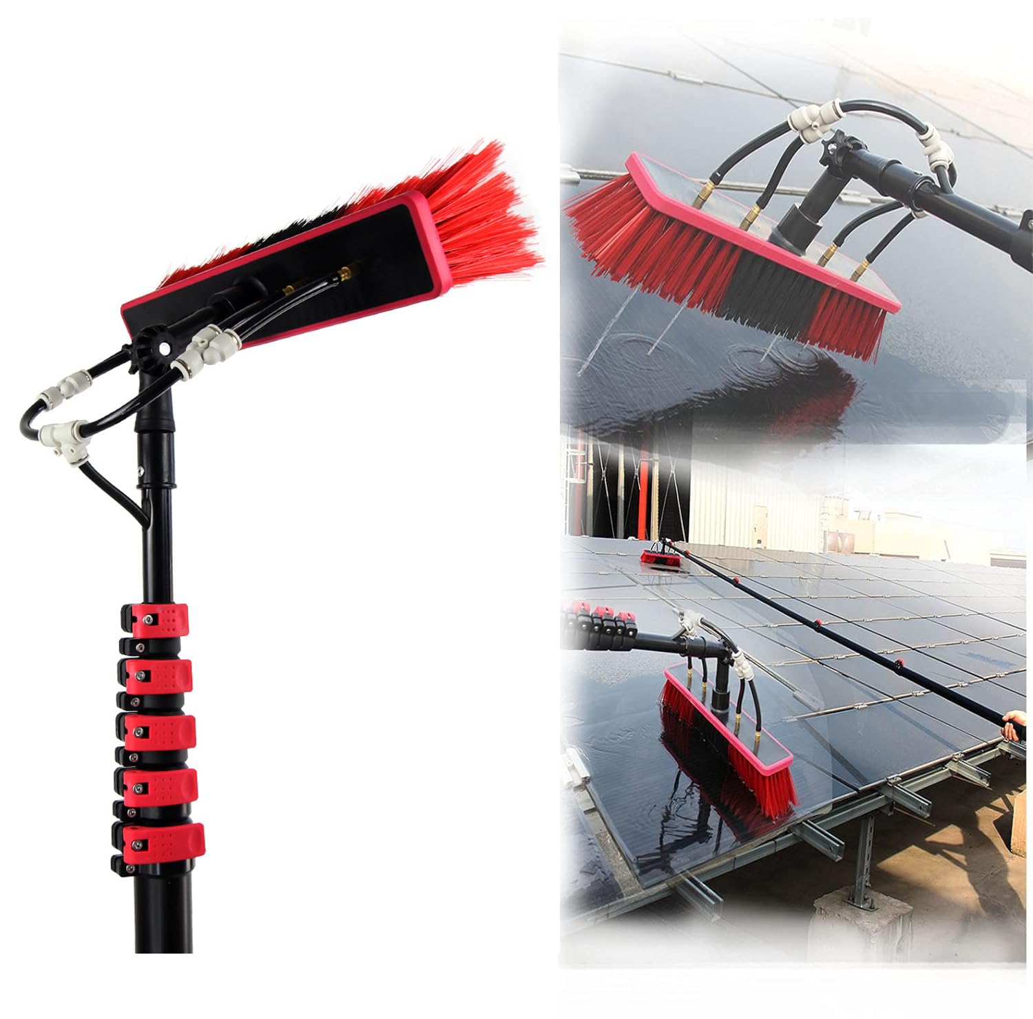 Solarmodul-Reinigungssystem mit Wasserzufuhrstange, Fensterreinigungsbürste und Wasserzufuhrstangen-Set mit Bürste und 4 Sprühdüsenspitzen, ausziehbares Photovoltaikmodul mit Flexibler Bürs