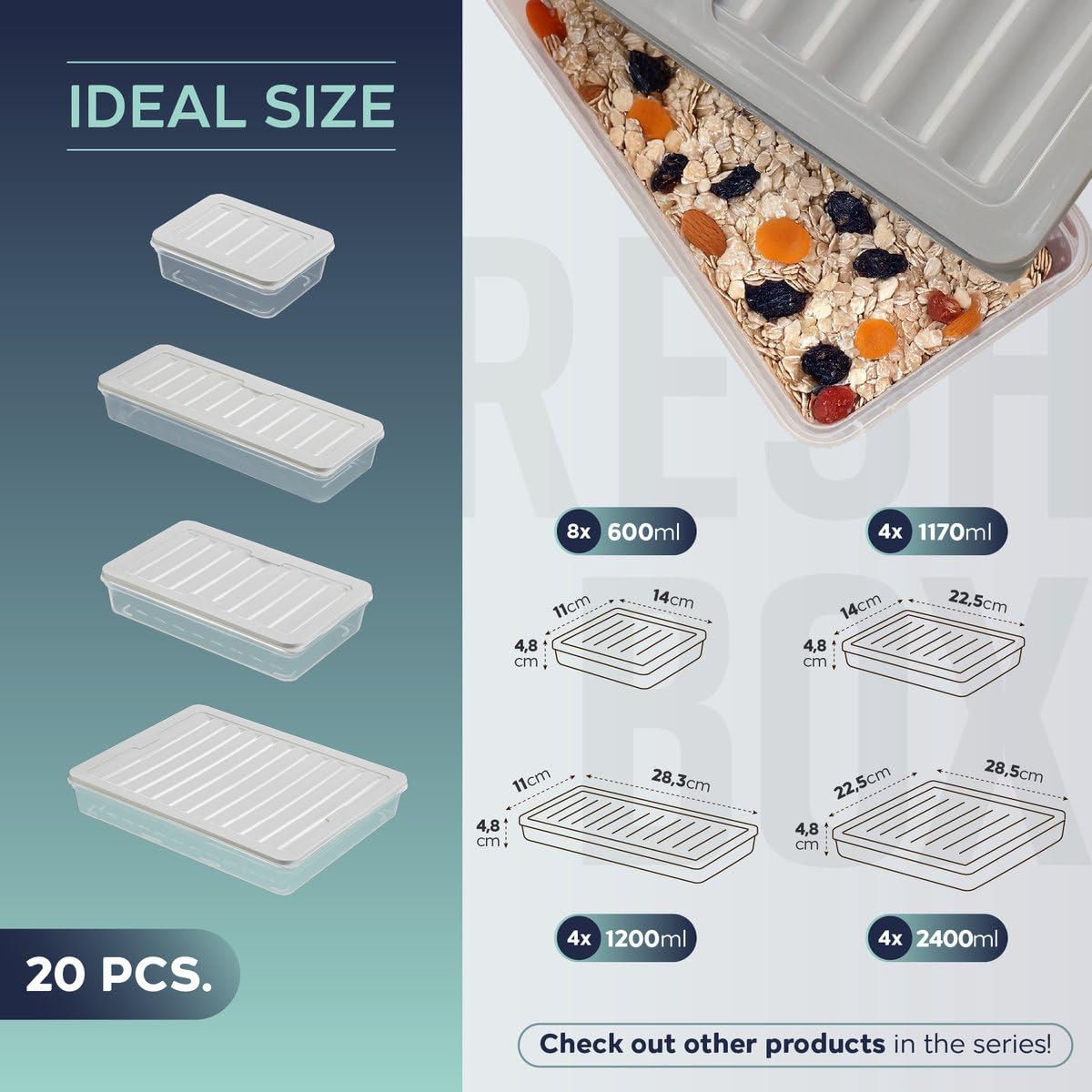 Fresh Box 20-teiliges Frischhaltedosen Set – 8x600 ml, 4x1170 ml, 4x1200 ml, 4x2400 ml – BPA-frei – Stapelbar & Platzsparend – Gefrierschrank Organizer & Kühlschrank Aufbewahrung