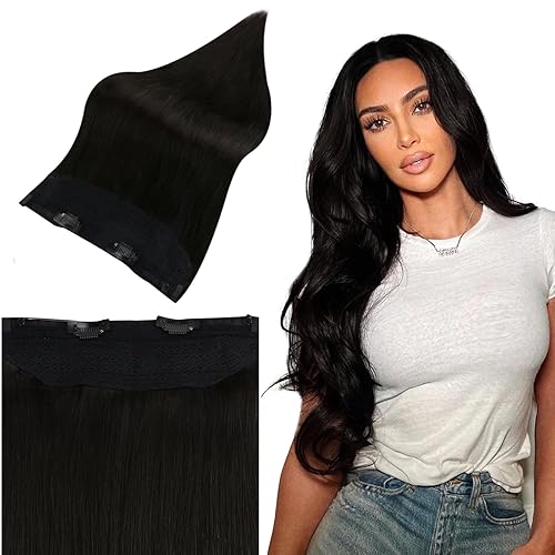 Full Shine - Extensiones de cabello humano real con hilo de nailon transparente e invisible, tamaño ajustable, color negro natural, 16 pulg, 2.82 oz