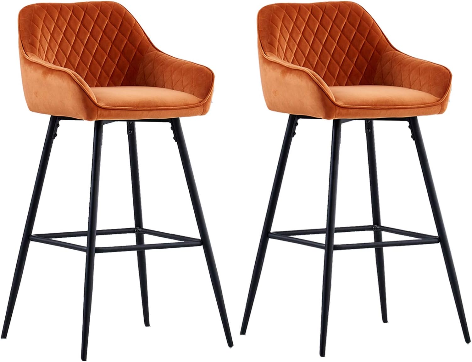 AINPECCA Bar stools Set of 2 Orange Velvet Fabric Upholstered Seat with Backrest & Armrest Black Metal Legs Counter Breakfast Chairs Kitchen