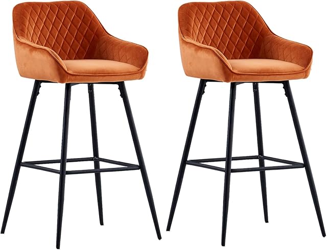 AINPECCA Bar stools Set of 2 Orange Velvet Fabric Upholstered Seat with Backrest & Armrest Black Metal Legs Counter Breakfast Chairs Kitchen