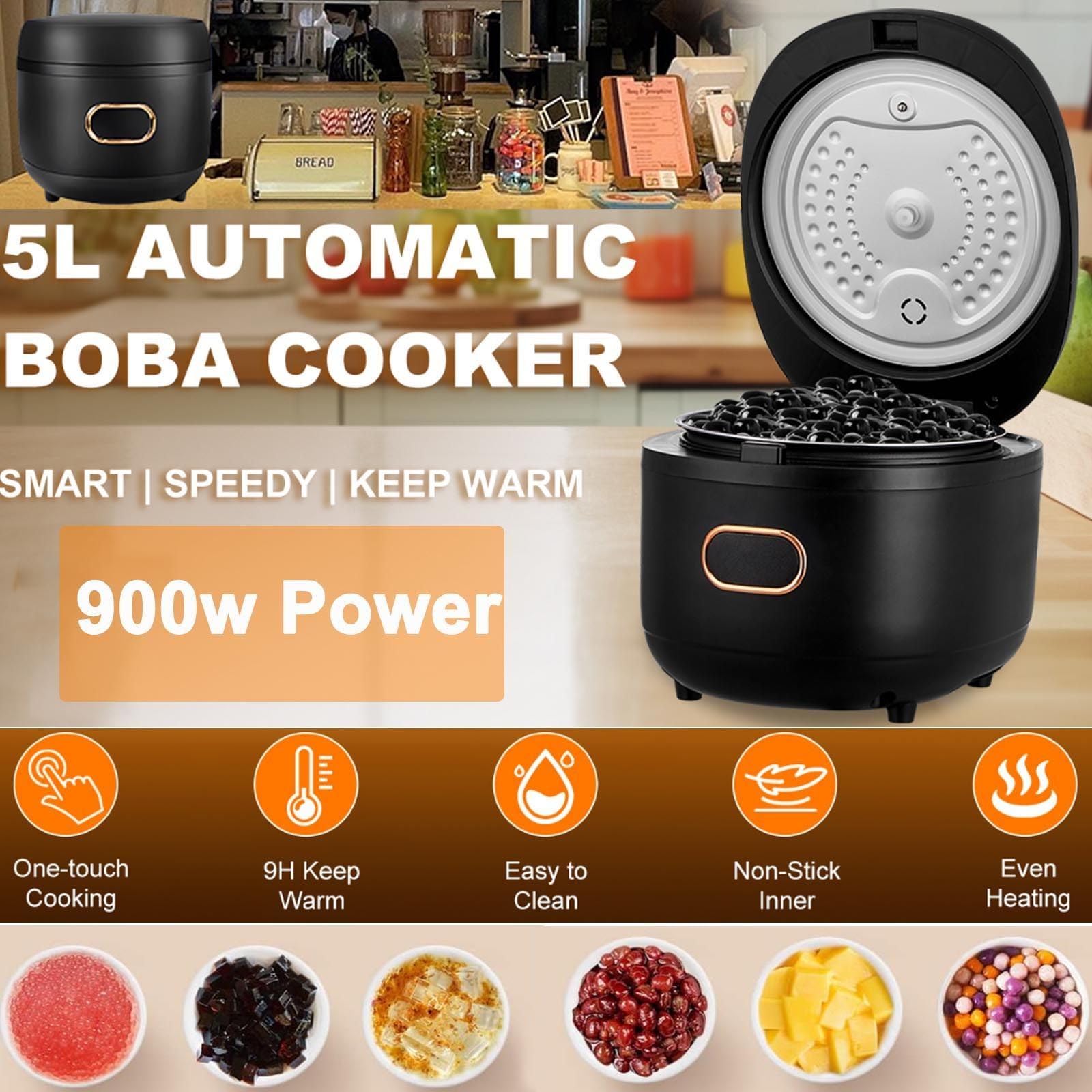 Smart Pearl Cooker 5L,900W Vollautomatischer Perlentopf | Kommerzieller Boba-Perlen-Tapioka-Kocher, | Perlenkocher Aus Braunem Zucker | Antihaftbeschichtung/Touchscreen,Black