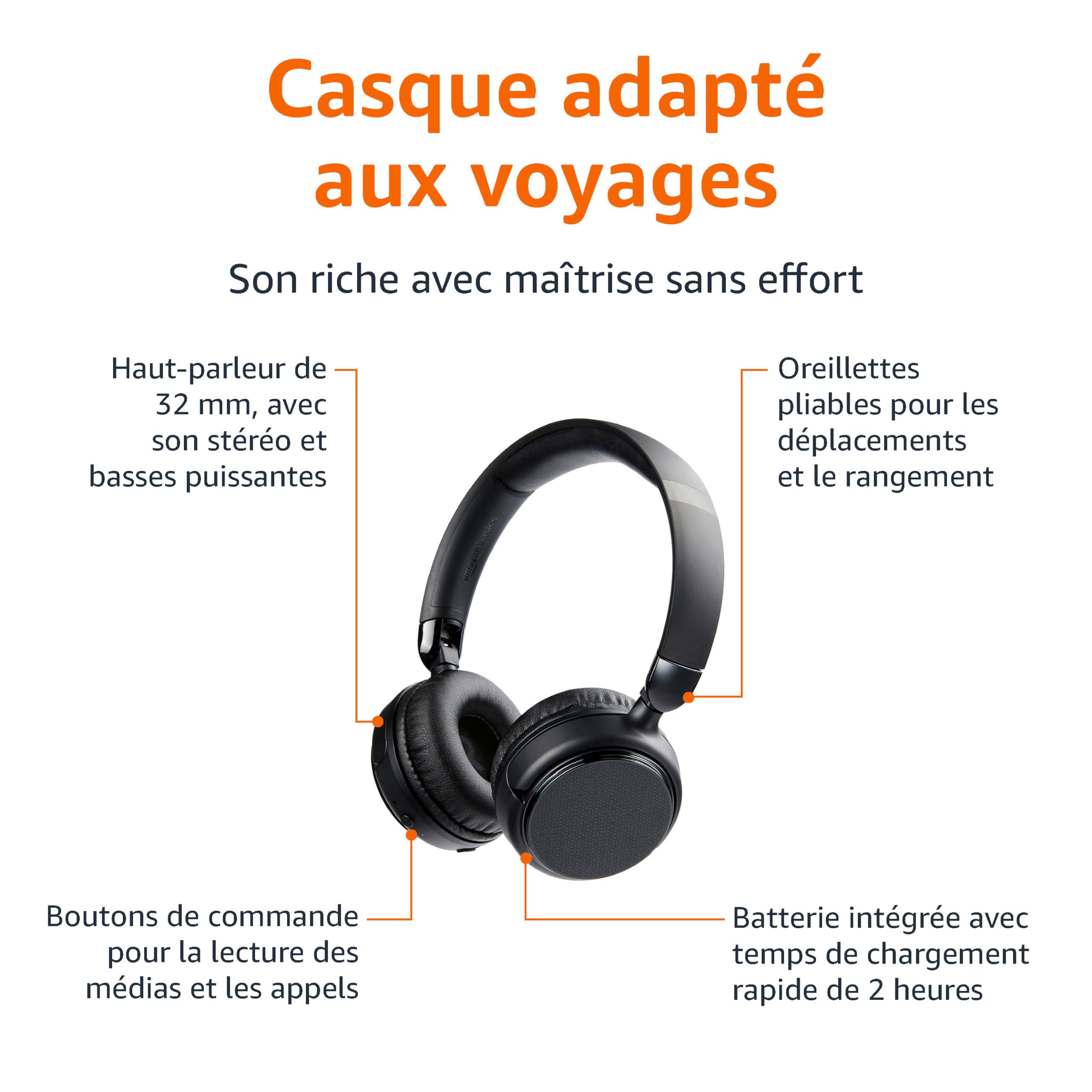 Amazon Basics Casque Audio Bluetooth 5.1 Sans Fil, 35 Heures d’Autonomie, Léger, Réglable, Idéal Pour les Voyages, le Bureau, les Téléphones Portables et les Ordinateurs, Noir