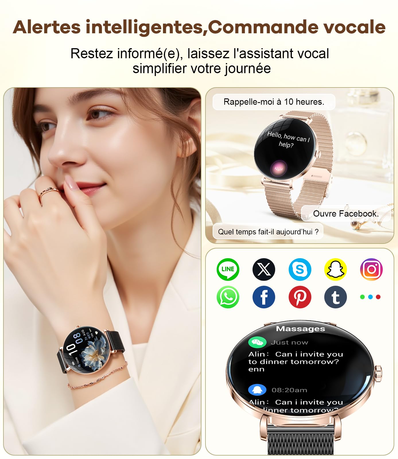 BENYAR SMART Montre Connectée Femme, 1.43" Ultra-Fin Écran AMOLED avec Appel Bluetooth, Santé Féminine, Étanche IP68, 110 + Modes Sportifs, Podomètre, Smartwatch Femme pour iOS Android, Maille Noire