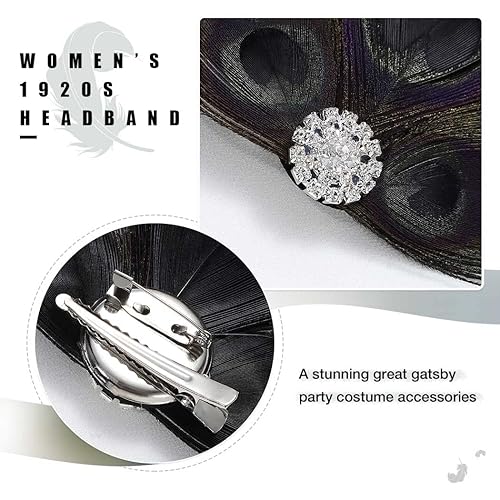 Miniatura 6 de GORTIN Pinza para el pelo de plumas de los años 20, diadema de plumas de gran Gatsby, tocado de plumas de pavo real negro, diadema de Rhiestone,